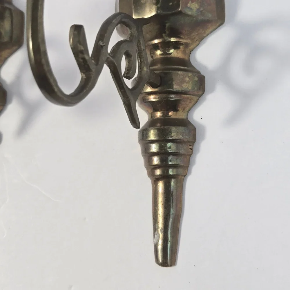 Vintage Solid Brass Wall Sconce Candle Holders Set of 2 Ornate Scroll Arm 10.5